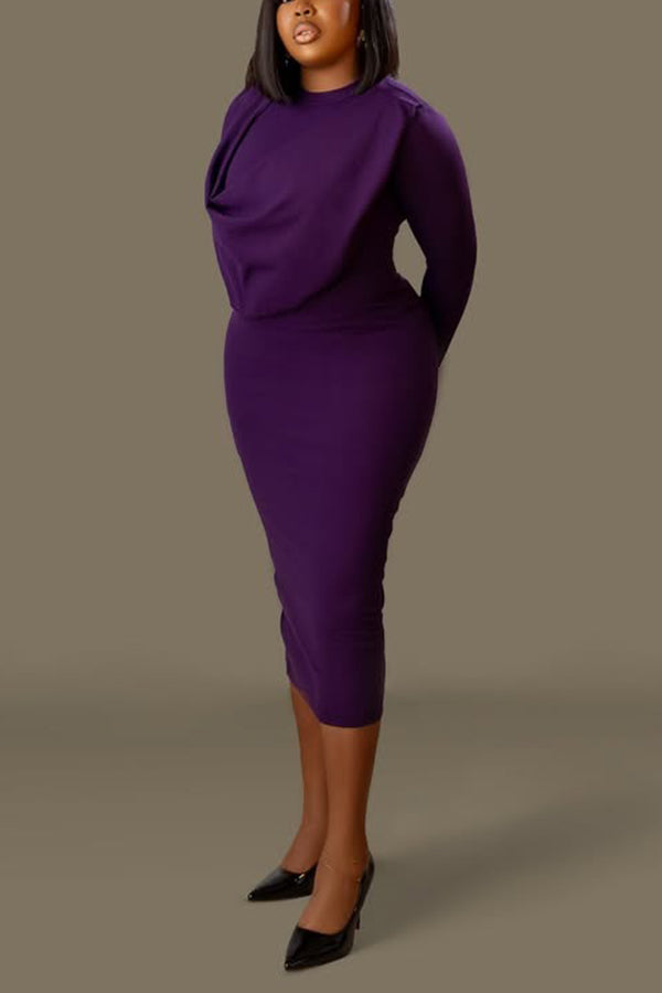 Fashion Ruched Collar Midi Dress