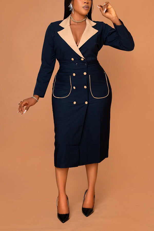 Fashion Double Breasted Two Tone Dress