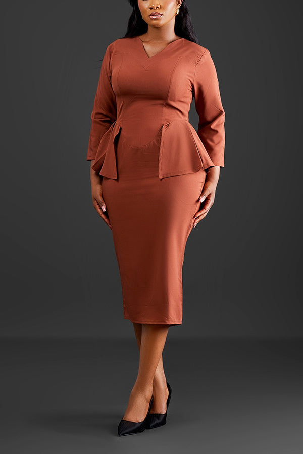 Elegant V-Neck 3/4 Length Sleeve Midi Dress