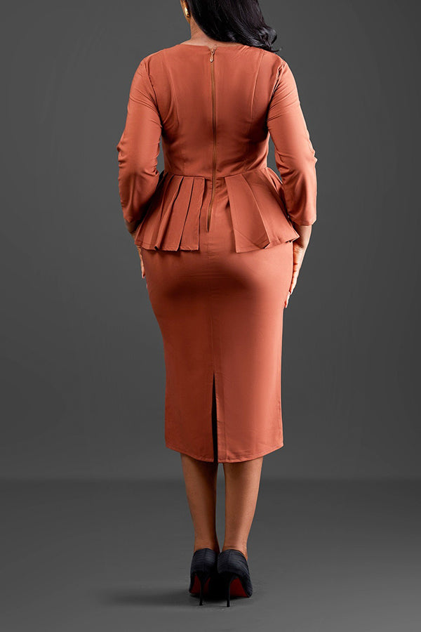 Elegant V-Neck 3/4 Length Sleeve Midi Dress