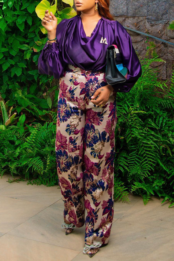 Retro Cowl Neck Top & Floral Print Pants Set