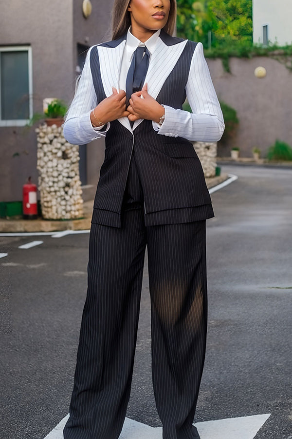 Chic Two Tone Striped Blazer & Pants Set