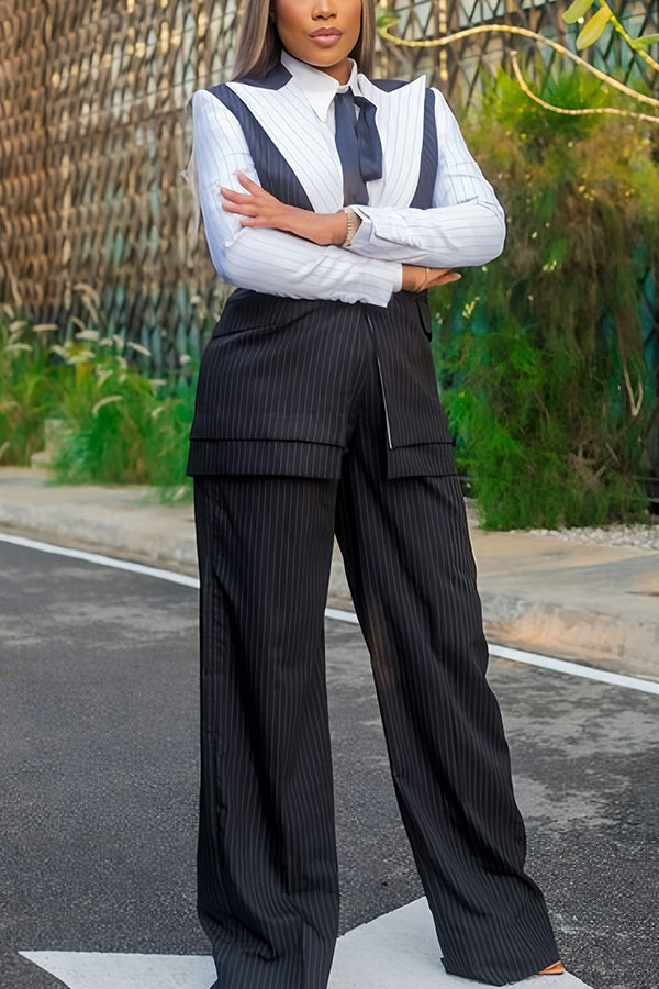 Chic Two Tone Striped Blazer & Pants Set