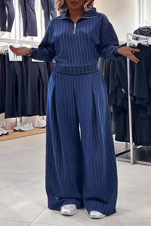 Chic Striped Half-Zip Top & Pants Set