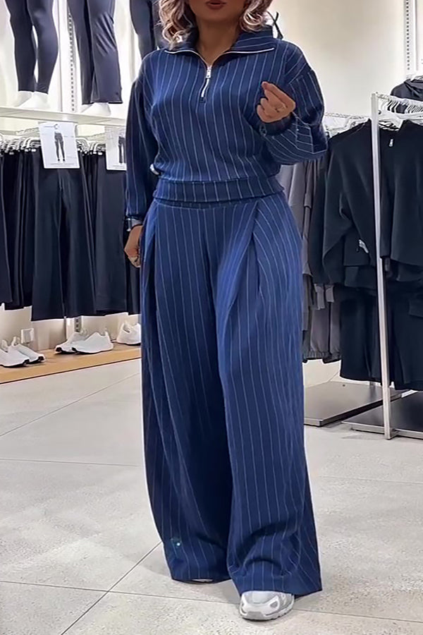 Chic Striped Half-Zip Top & Pants Set