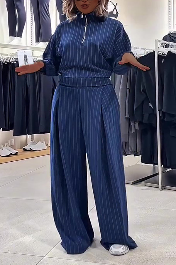 Chic Striped Half-Zip Top & Pants Set