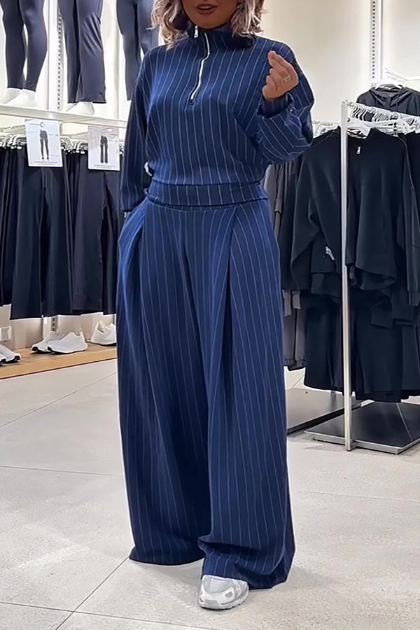Chic Striped Half-Zip Top & Pants Set