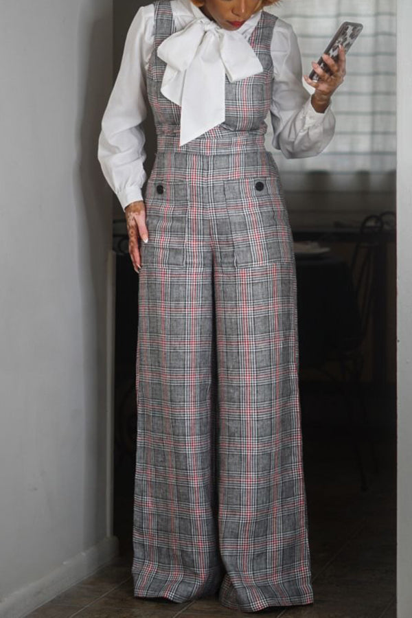 Stylish Bow Tie Shirt & Plaid Jumpsuit Set