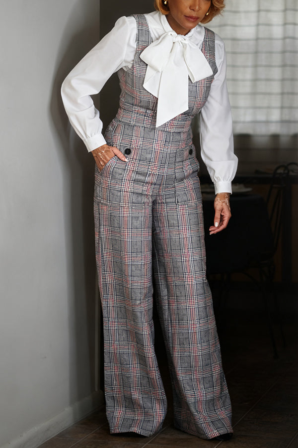 Stylish Bow Tie Shirt & Plaid Jumpsuit Set