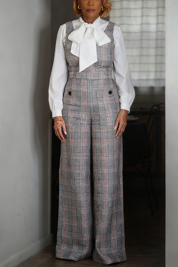 Stylish Bow Tie Shirt & Plaid Jumpsuit Set