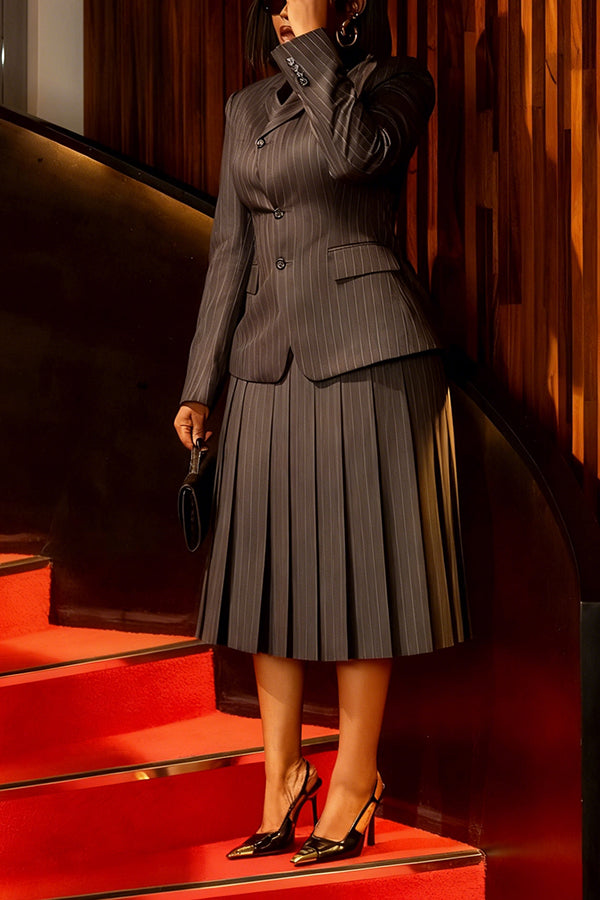 Elegant Single Breasted Striped Blazer & Pleated Skirt Set