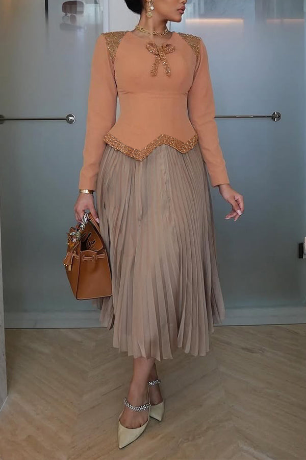 Chic Round Neck Rhinestones Top & Skirt Set