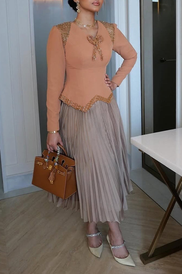 Chic Round Neck Rhinestones Top & Skirt Set