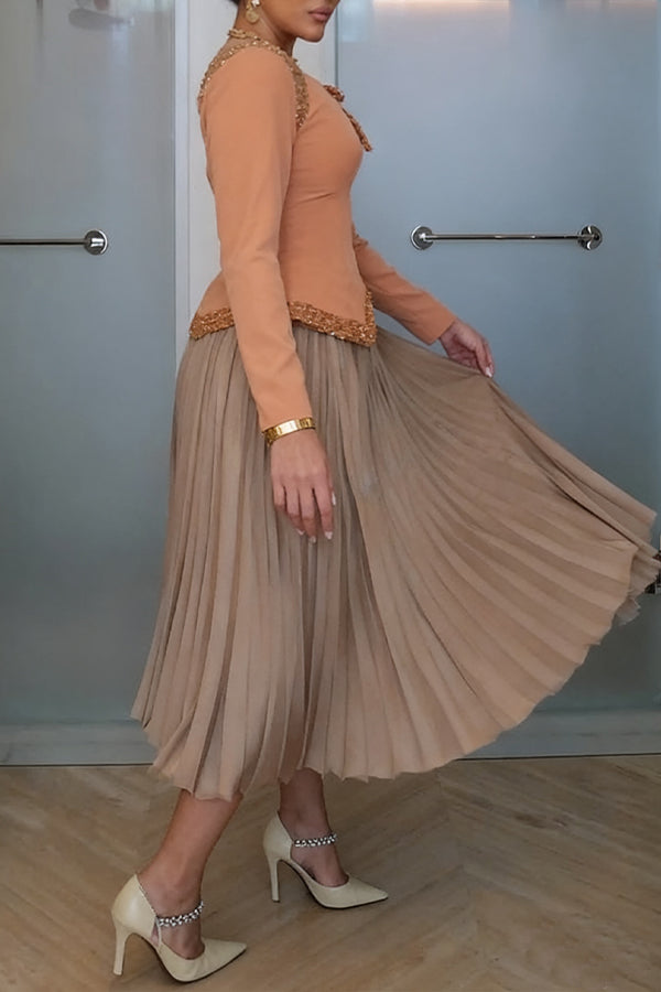 Chic Round Neck Rhinestones Top & Skirt Set