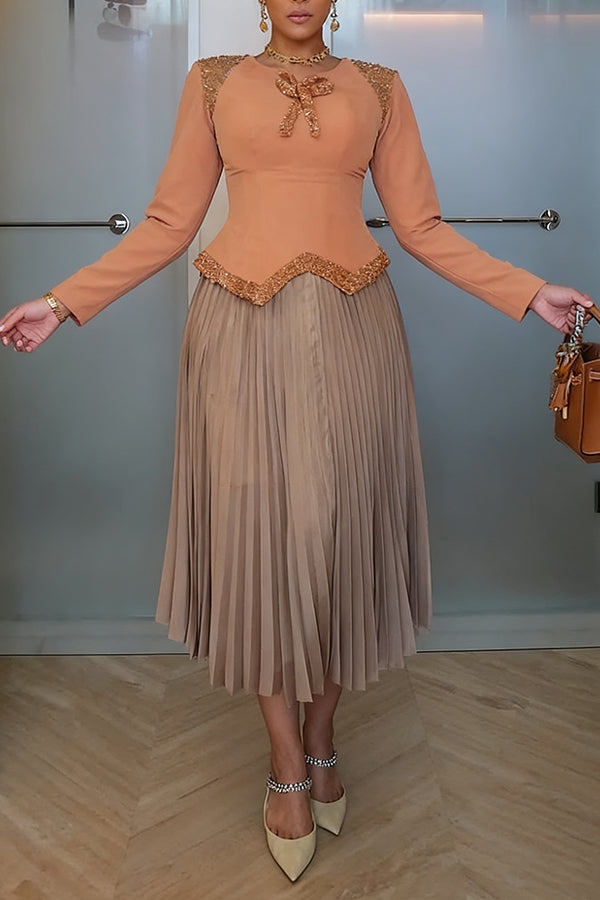 Chic Round Neck Rhinestones Top & Skirt Set