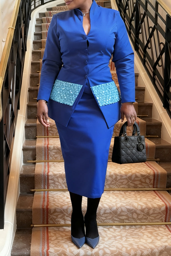 Vintage Contrast Sequin Blazer & Skirt Set