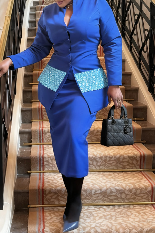 Vintage Contrast Sequin Blazer & Skirt Set