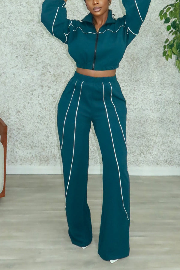Chic Two Tone Zip Front Top & Pants Set