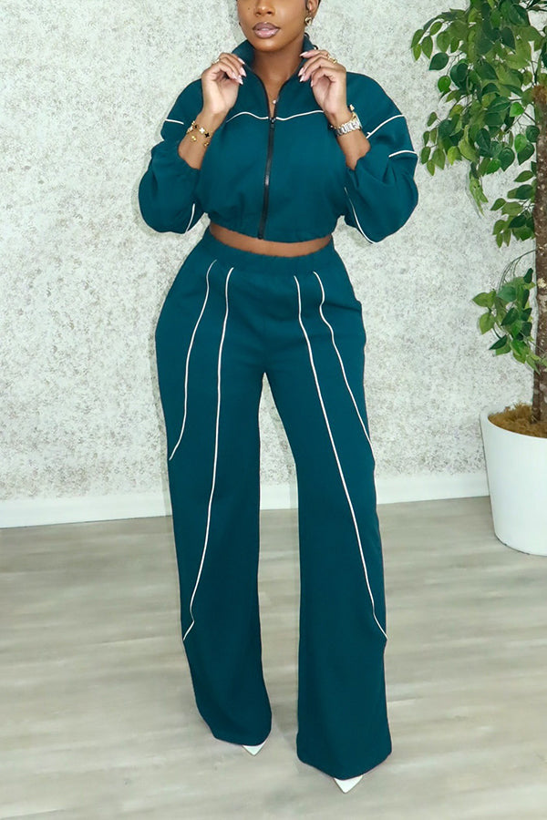 Chic Two Tone Zip Front Top & Pants Set