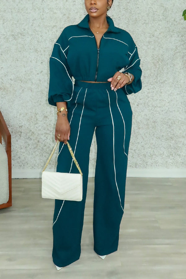 Chic Two Tone Zip Front Top & Pants Set