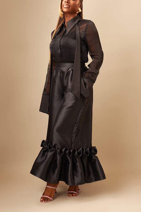 Chic Organza Top & Ruffle Hem Straight Leg Pants Set