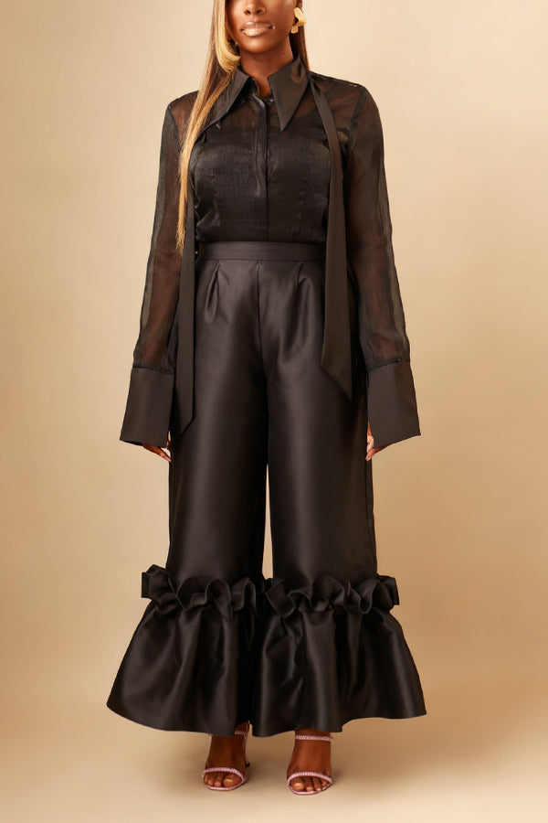 Chic Organza Top & Ruffle Hem Straight Leg Pants Set