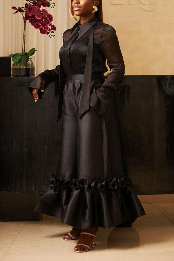 Chic Organza Top & Ruffle Hem Straight Leg Pants Set