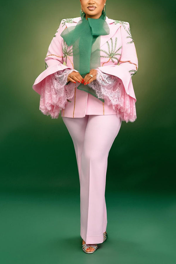 Retro Floral Print Lace Trumpet Sleeve Blazer & Pants Set