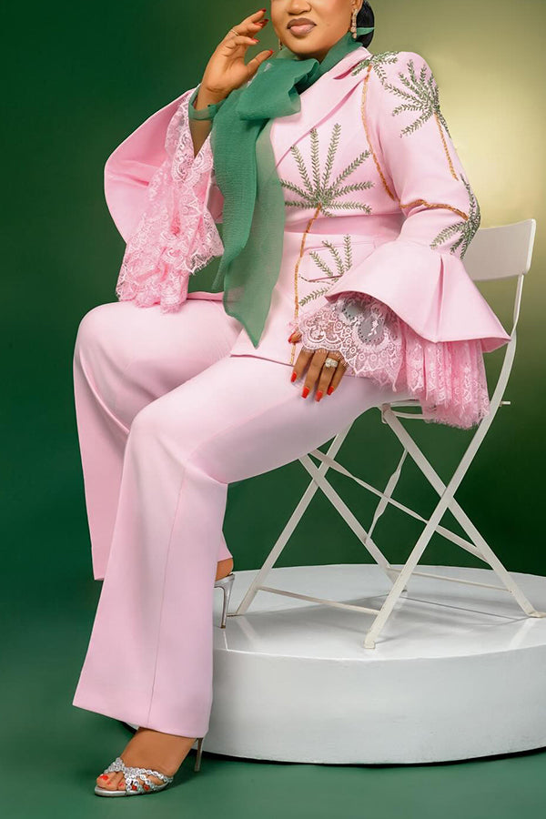 Retro Floral Print Lace Trumpet Sleeve Blazer & Pants Set