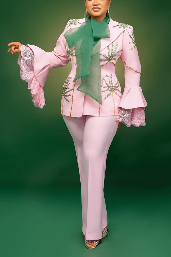 Retro Floral Print Lace Trumpet Sleeve Blazer & Pants Set