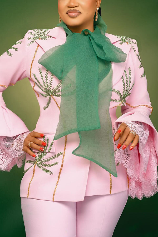 Retro Floral Print Lace Trumpet Sleeve Blazer & Pants Set