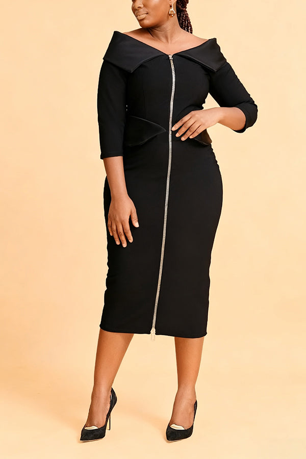 Vintage Zip Front Lapel Collar Midi Dress