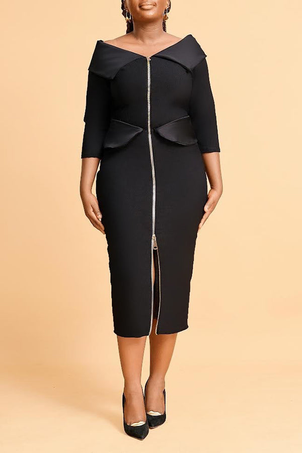 Vintage Zip Front Lapel Collar Midi Dress