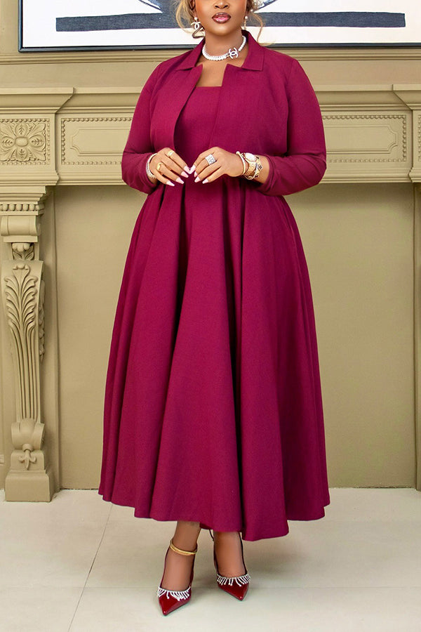 Elegant Lapel Neck Jacket & Pleated Dress Set