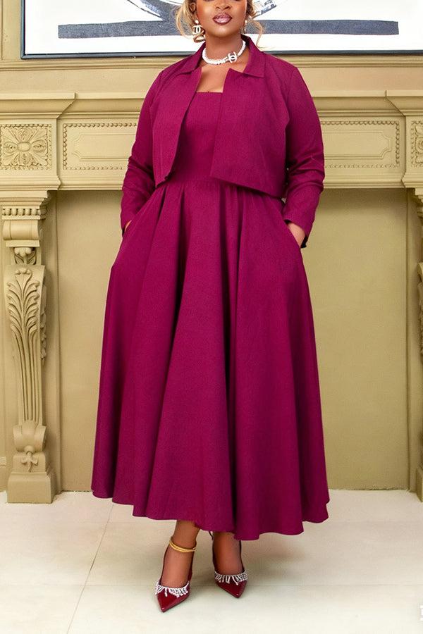 Elegant Lapel Neck Jacket & Pleated Dress Set