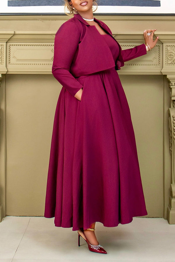 Elegant Lapel Neck Jacket & Pleated Dress Set