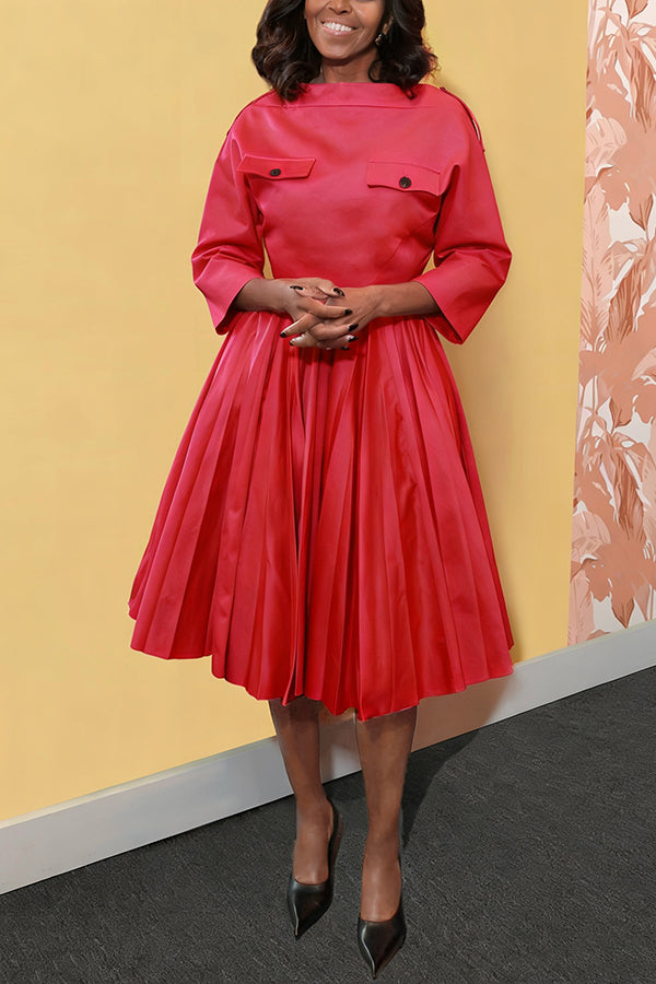 Retro Batwing Sleeve Pleated Midi Dress