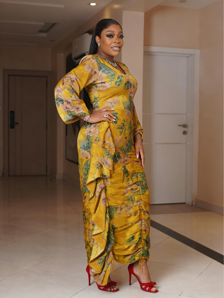 Chic Floral Print Ruched Midi Dress