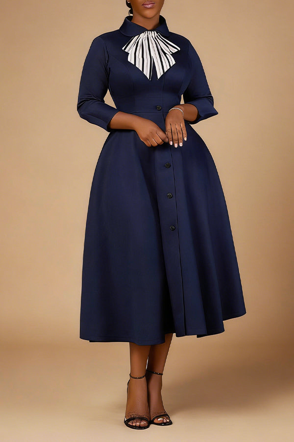 Chic Single Breasted Bow Tie Midi Dress