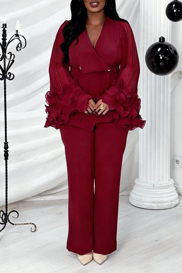 Chic Layered Hem Sleeve Blazer & Pants Set