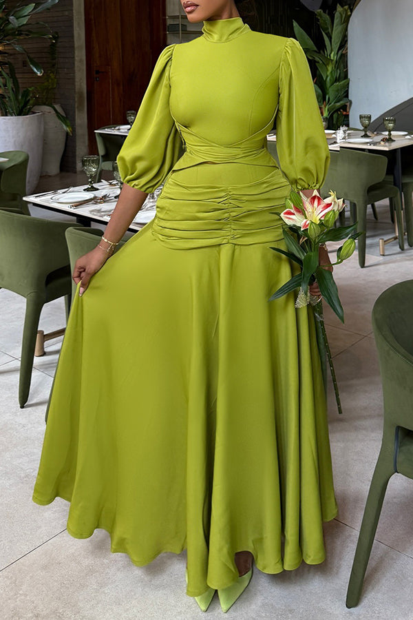 Elegant Lantern Sleeve Stand Collar Dress