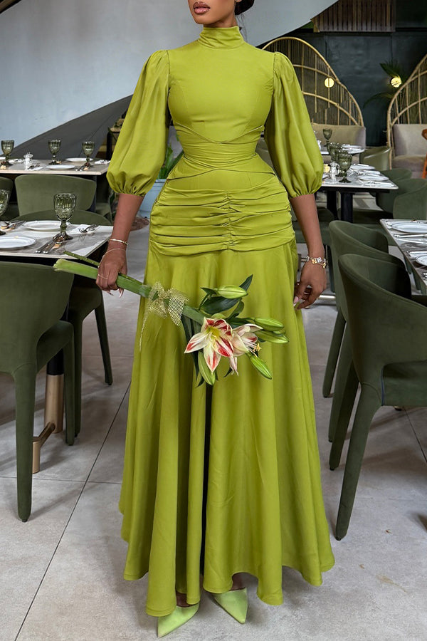Elegant Lantern Sleeve Stand Collar Dress