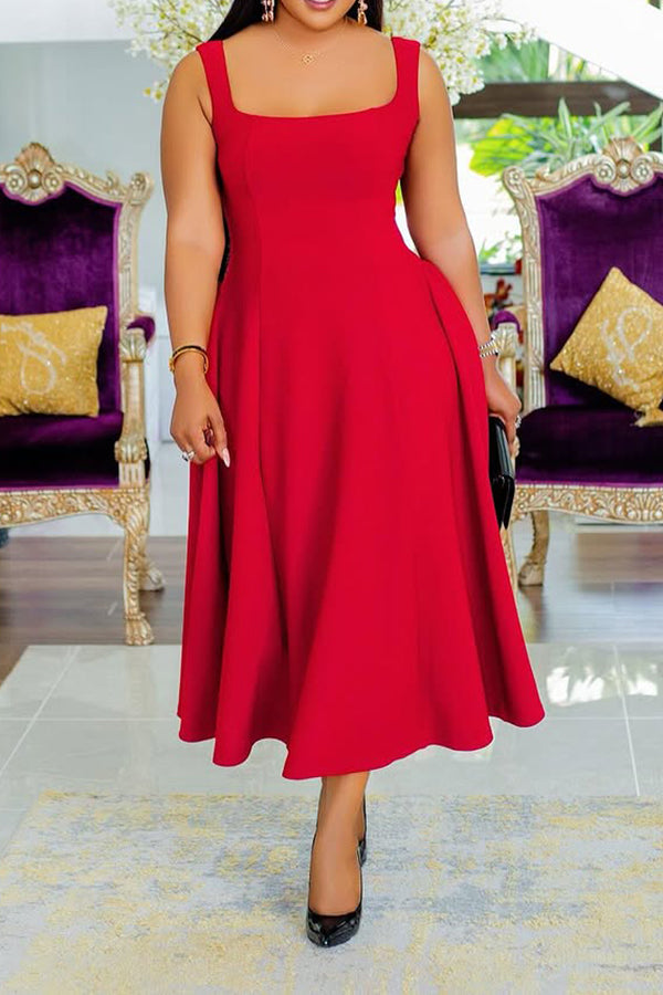 Elegant Square Neck A-Line Midi Dress