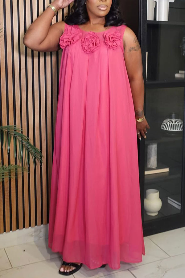 Elegant Flowers Ruched Mesh Maxi Dress