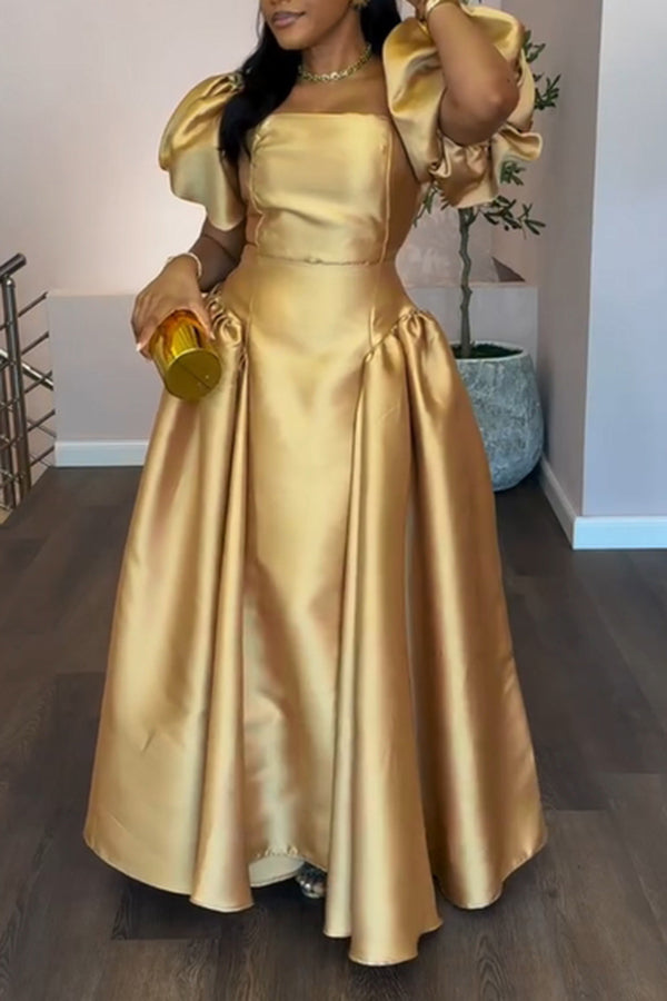 Elegant Puff Sleeve A-Line Satin Maxi Dress