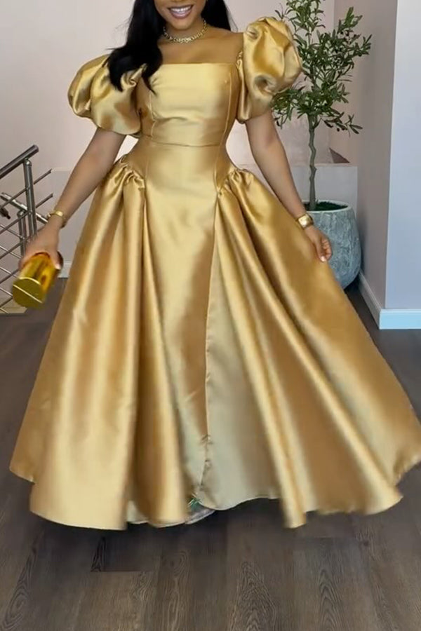 Elegant Puff Sleeve A-Line Satin Maxi Dress