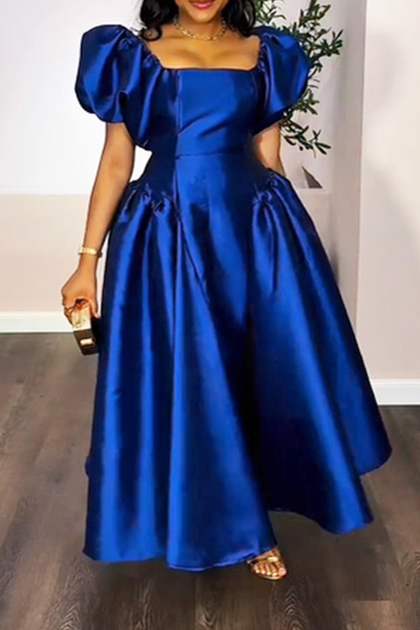 Elegant Puff Sleeve A-Line Satin Maxi Dress