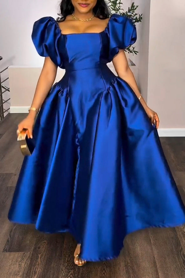 Elegant Puff Sleeve A-Line Satin Maxi Dress
