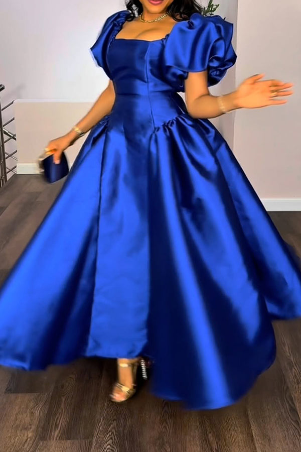 Elegant Puff Sleeve A-Line Satin Maxi Dress