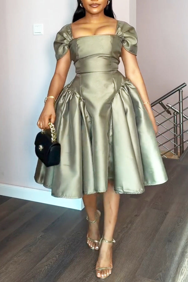 Elegant Square Neck Satin Midi Dress